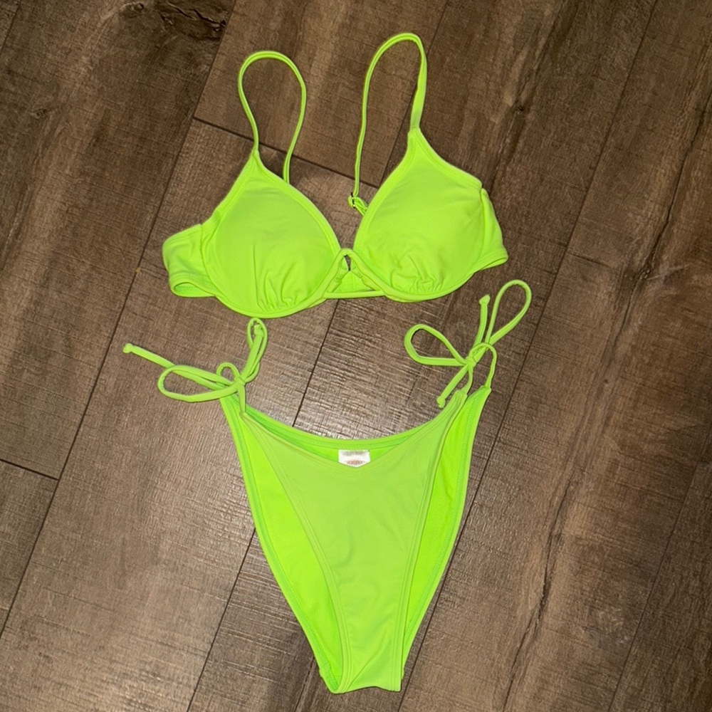 Neon Highlighter Green Bikini Top & High Waisted Side-Tie Bottoms